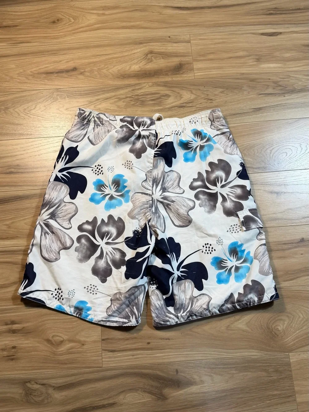 Men's Floral Swim Trunks - White with Blue & Navy Floral Print